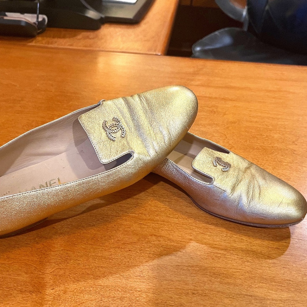 Coco Chanel Gold Metallic Loafer Flats